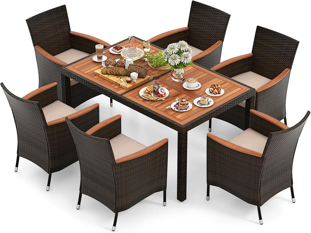 GIANTEX Salon de Jardin 6 Personnes en Rotin et Bois d'Acacia, Table de Jardin Extérieure avec 6 Chaises, Coussins, Trou de Parasol, Pieds Réglables, pour Cour, Pique-Nique, Marron