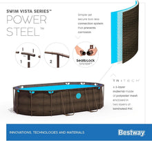 Load image into Gallery viewer, Bestway 56946 Piscine Power Steel™ Swim Vista ovale 488 x 305 x 107 cm motif rotin avec hublots, filtration à sable, échelle, bâche et diffuseur Chemconnect™