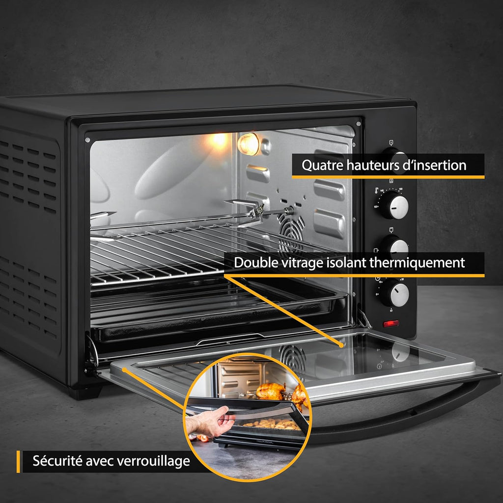TZS First Austria Mini-four 60 l I 2000 W I Convection + Rôtisserie I 4 éléments chauffants I Plage de température jusqu'à 230 °C I Minuterie 60 min I Inox I Noir