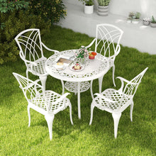 Load image into Gallery viewer, 5 Pcs Salon de Jardin en Fonte d'Aluminium Trou pour Parasol Repose-pieds Réglables Ensemble de Table Ronde et 4 Chaises Blanc