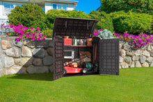 Load image into Gallery viewer, Duramax StoreAway 1200L Plastic Garden Shed/ Flat Lid, Outdoor Storage Shed, Wheelie Bin Hideaways, Wheelie bin box, Durable Construction, Ideal for Bikes, BBQs &amp; 2x 240L Bins, 145x85x125 cm, Brown