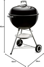 Load image into Gallery viewer, Weber Classic Kettle barbecue au charbon de bois, surface de cuisson Ø 57cm, barbecue avec couvercle et cuve en acier emaillé, thermomètre intégré au couvercle, trépied et roues - Noir (1341504)