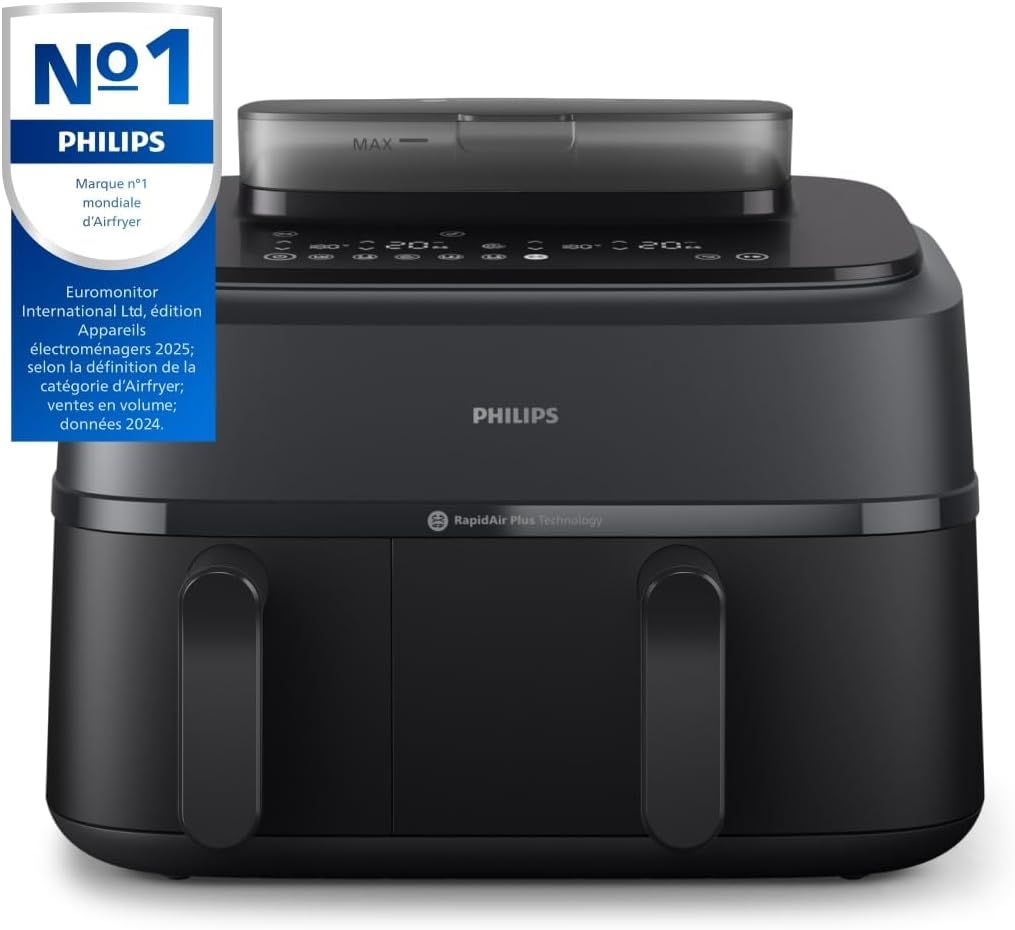 Philips Air Fryer 3000 Series Double Basket - Healthy, Fast and Versatile Cooking, 9 Litre Capacity, Touch Screen, Two Drawer Design (NA350/00)