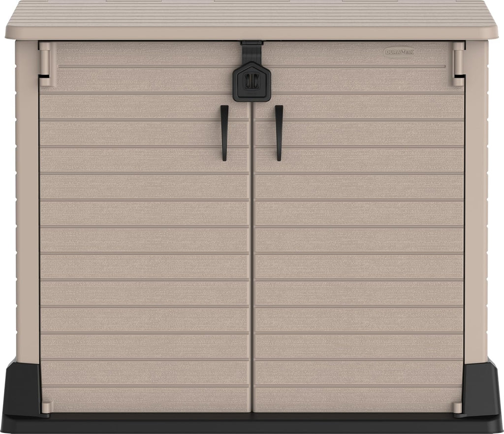 Duramax StoreAway 1200L Plastic Garden Shed/ Flat Lid, Outdoor Storage Shed, Wheelie Bin Hideaways, Wheelie bin box, Durable Construction, Ideal for Bikes, BBQs & 2x 240L Bins, 145x85x125 cm, Brown