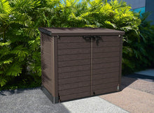 Load image into Gallery viewer, Duramax StoreAway 1200L Plastic Garden Shed/ Flat Lid, Outdoor Storage Shed, Wheelie Bin Hideaways, Wheelie bin box, Durable Construction, Ideal for Bikes, BBQs &amp; 2x 240L Bins, 145x85x125 cm, Brown