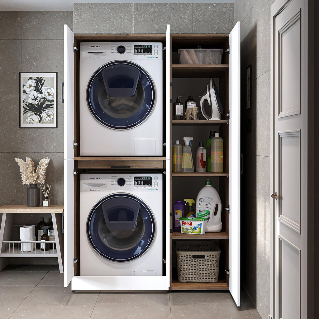 ROOMART Dora - Armoire de machine à laver - Pour sèche-linge et machine à laver - En 4 couleurs - Avec portes et panneau coulissant - Blanc - Chêne blanc - Chêne anthracite - Chêne blanc (chêne blanc)