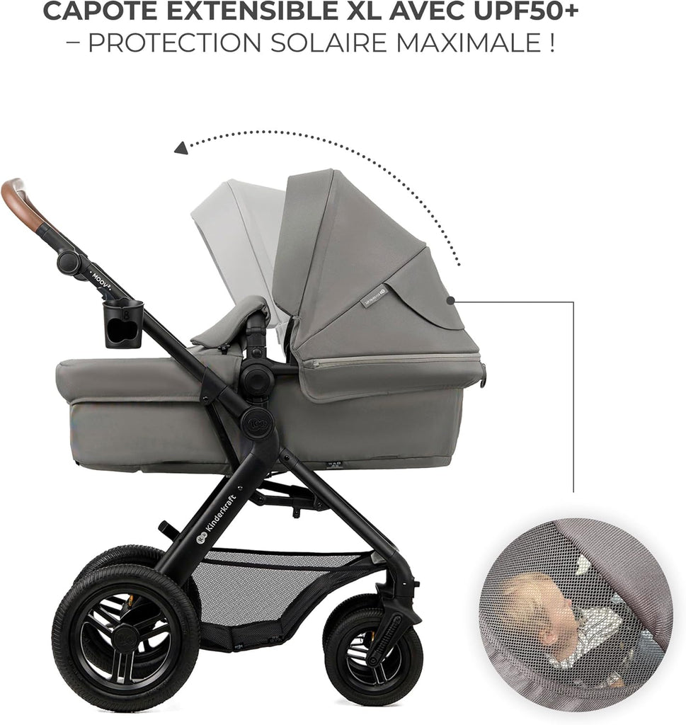 Kinderkraft MOOV2 Poussette 3 en 1, Système de voyage de la naissance à 27 kg, Siège auto Mink PRO I-Size inclus, Capote extensible avec filtre UPF50+, Accessoires pratiques, Gris