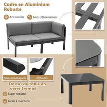 Load image into Gallery viewer, Salon de Jardin Extérieur avec Table Basse en Verre Trempé Canapéavec Dossier Inclinable à 6 Niveaux Coussins Inclus Gris