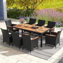 Load image into Gallery viewer, Salon de Jardin en Rotin 9 Pièces Plateau de Table en Acacia Ensemble de Salle à Manger avec Coussins Amovibles Trou Charge 180KG Beige+Noir