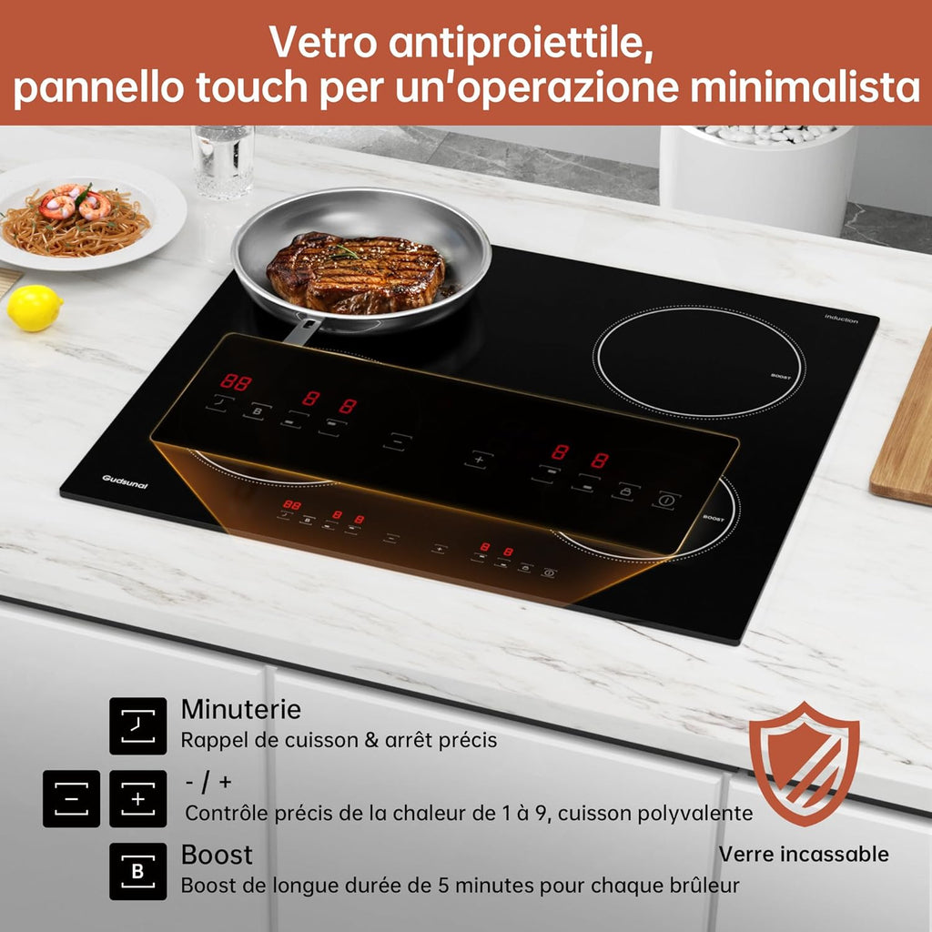 Gudsunal Plaque induction 4 feux, Table de Cuisson Encastrable,7200W, 9 niveaux de chauffage,Boost, Minuterie, Arrêt automatique, Verrouillage de sécurité enfant