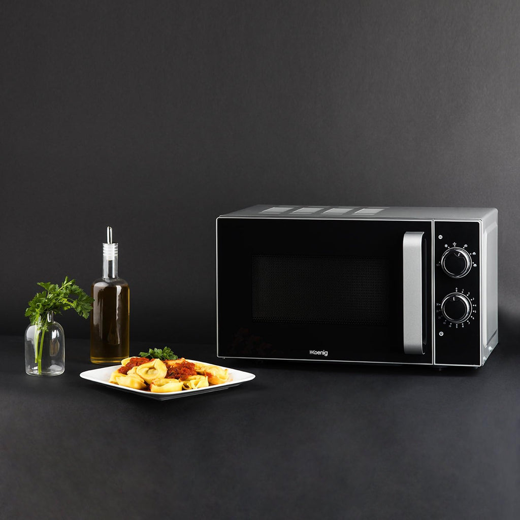 H.Koenig Four à Micro-ondes Compact Digital 20L VIO2, 700W, Plateau tournant 24,5cm, Multifonction Programmable 6 niveaux de chauffe, Décongélation et Express, Minuterie 60min, Effet mirroir noir