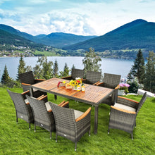 Load image into Gallery viewer, Salon de Jardin avec 1 Table et 8 Chaises en Bois et Rotin Synthétique Anti-UV Pieds Réglables et Coussins Imperméables Inclus
