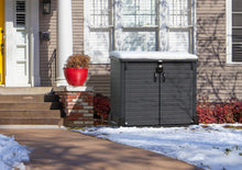Load image into Gallery viewer, Duramax StoreAway 1200L Plastic Garden Shed/ Flat Lid, Outdoor Storage Shed, Wheelie Bin Hideaways, Wheelie bin box, Durable Construction, Ideal for Bikes, BBQs &amp; 2x 240L Bins, 145x85x125 cm, Brown
