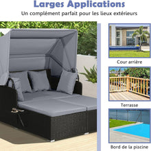 Load image into Gallery viewer, Chaise Longue à 2 Places en Rotin avec Auvent Rétractable Bain de Soleil avec Panneaux Latéraux Pliables Charge 360KG Beige/Gris