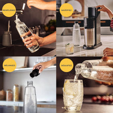 Load image into Gallery viewer, SodaStream Duo Sparkling Water Machine for Glass Jug | Pack of 2 Glass Jugs 1L + 1 Bottle 1L Dishwasher Safe + 1 60L Gas Refill Clip On | Black [Amazon Exclusive]