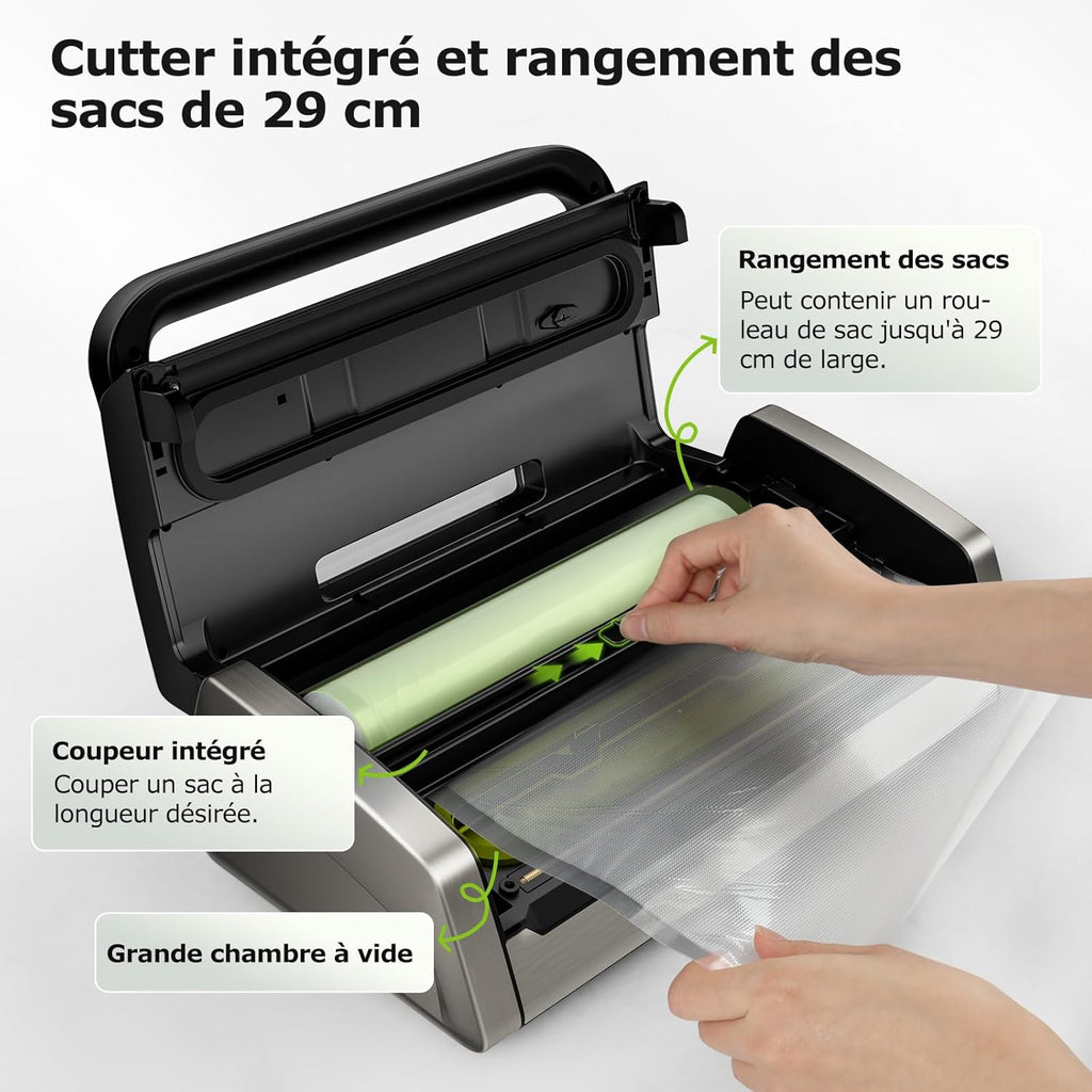 Bonsenkitchen Powerful and Quiet Food Vacuum Sealer with Globefish Technology for Continuous Work, Locked Handle Design, Integrated Cutter, 2 Rolls of Bags Included