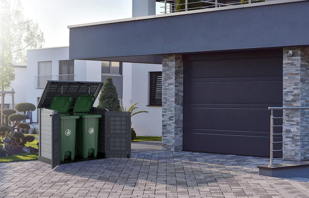 Duramax StoreAway 1200L Plastic Garden Shed/ Flat Lid, Outdoor Storage Shed, Wheelie Bin Hideaways, Wheelie bin box, Durable Construction, Ideal for Bikes, BBQs & 2x 240L Bins, 145x85x125 cm, Brown