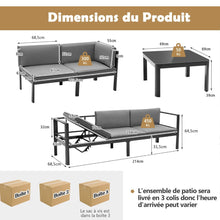 Load image into Gallery viewer, Salon de Jardin Extérieur avec Table Basse en Verre Trempé Canapéavec Dossier Inclinable à 6 Niveaux Coussins Inclus Gris
