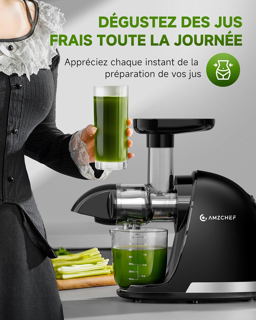 AMZCHEF Extracteur Jus - Extracteur de Jus de Fruits et Légumes - Presses-agrumes à Froid sans BPA avec 2 Tasses et Brosse - Fonction de Mastication Inversée pour Éviter les Blocages - Argent