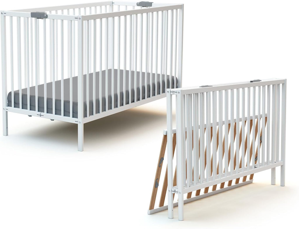 WEBABY - Lit bébé pliant 60x120cm Blanc | Bois massif | Dès la naissance |Confort de sommeil | Sommier à lattes | Compact | Transportable | Pliable |Gain de place | Lit de voyage