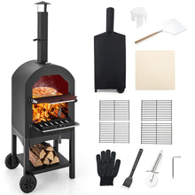Load image into Gallery viewer, Four à Pizza Extérieur au Charbon avec Pelle à Pizza Pierre à Pizza Housse Étanche Cheminée et Thermomètre Double Noir