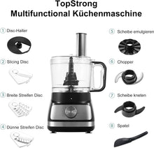 Load image into Gallery viewer, TopStrong Multifunctional Food Processor, 1100 W Multifunctional Food Processor, 11 in 1 Food Processor Included Chopper, Kneader Hook, Blender, Citrus Press and Coffee Grinder, 3.2L Bowl and 1.5L