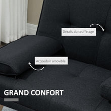 Load image into Gallery viewer, HOMCOM Canapé Convertible 3 Places Design scandinave Inclinaison Dossier réglable 3 Niveaux Dossier Centrale Rabattable 2 Porte-Verres Bois Massif Lin Gris