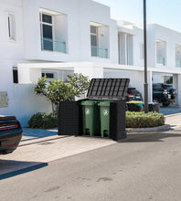 Load image into Gallery viewer, Duramax StoreAway 1200L Plastic Garden Shed/ Flat Lid, Outdoor Storage Shed, Wheelie Bin Hideaways, Wheelie bin box, Durable Construction, Ideal for Bikes, BBQs &amp; 2x 240L Bins, 145x85x125 cm, Brown