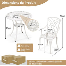 Load image into Gallery viewer, 5 Pcs Salon de Jardin en Fonte d'Aluminium Trou pour Parasol Repose-pieds Réglables Ensemble de Table Ronde et 4 Chaises Blanc