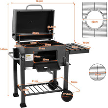 Load image into Gallery viewer, Barbecue Charbon de Bois XL, Chariot à Barbecue, Grill XL à Charbon avec Couvercle, Roues et Thermomètre, Réglable en Hauteur, Grand Barbecue au Charbon de Bois, pour Camping et Jardin, Noir