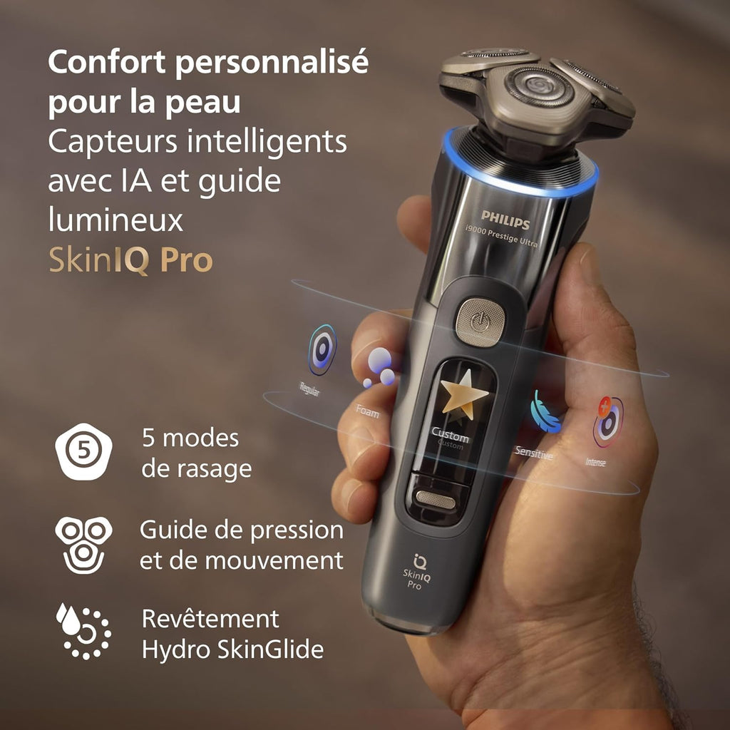 Philips Rasoir i9000 Prestige Ultra, Rasoir électrique 100% étanche, Technologie Skin IQ Pro, Système Triple Lift & Cut, Lames de précision NanoTech rotatives 360°, 5 modes de rasage, XP9401/38