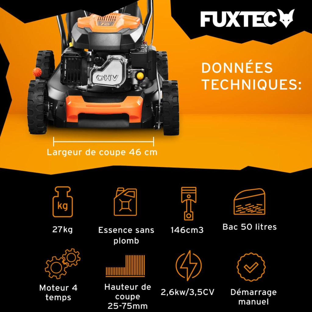 FUXTEC Tondeuse thermique pousse FX-RM4646ECO - Tres bon rapport qualit-prix - Easy Clean 3en1 largeur de coupe 46cm - bac de ramassage 50L