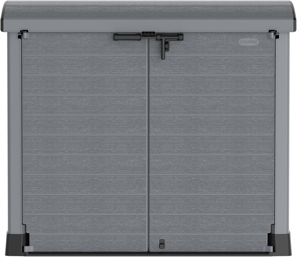 Duramax StoreAway 1200L Plastic Garden Shed/ Flat Lid, Outdoor Storage Shed, Wheelie Bin Hideaways, Wheelie bin box, Durable Construction, Ideal for Bikes, BBQs & 2x 240L Bins, 145x85x125 cm, Brown