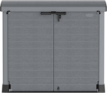 Load image into Gallery viewer, Duramax StoreAway 1200L Plastic Garden Shed/ Flat Lid, Outdoor Storage Shed, Wheelie Bin Hideaways, Wheelie bin box, Durable Construction, Ideal for Bikes, BBQs &amp; 2x 240L Bins, 145x85x125 cm, Brown