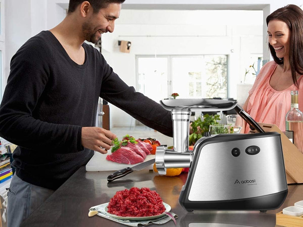 AOBOSI 4-in-1 Meat Grinder Electric Meat Grinder with 4 Stainless Steel Cutting Plates, 1 Kubbe and 3 Sausage Filling Tubes, Motor [3000w Max], Mincer with 2 Blades.