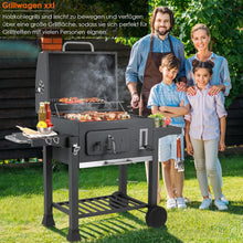 Load image into Gallery viewer, Barbecue Charbon de Bois XL, Chariot à Barbecue, Grill XL à Charbon avec Couvercle, Roues et Thermomètre, Réglable en Hauteur, Grand Barbecue au Charbon de Bois, pour Camping et Jardin, Noir