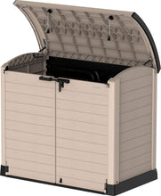 Load image into Gallery viewer, Duramax StoreAway 1200L Plastic Garden Shed/ Flat Lid, Outdoor Storage Shed, Wheelie Bin Hideaways, Wheelie bin box, Durable Construction, Ideal for Bikes, BBQs &amp; 2x 240L Bins, 145x85x125 cm, Brown