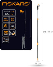 Load image into Gallery viewer, Fiskars Coupe-Branches Multifonctions Télescopique, pour Bois vert et Rameaux, Revêtement antiadhésif, Lame en acier/manche en aluminium, longueur 2,4 - 4 m, noir/orange, UPX86, 1023624