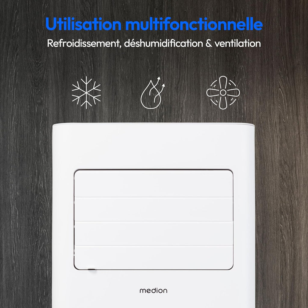 MEDION Smart Climatiseur Mobile P1002 (10000 BTU, 3-en-1, Refroidir, Déshumidification, Ventilation, jusqu'à 34m², kit de joint de fenêtre, mode sommeil, contrôle Wifi, Télécommande, Écran, MD 37733)
