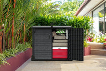 Load image into Gallery viewer, Duramax StoreAway 1200L Plastic Garden Shed/ Flat Lid, Outdoor Storage Shed, Wheelie Bin Hideaways, Wheelie bin box, Durable Construction, Ideal for Bikes, BBQs &amp; 2x 240L Bins, 145x85x125 cm, Brown