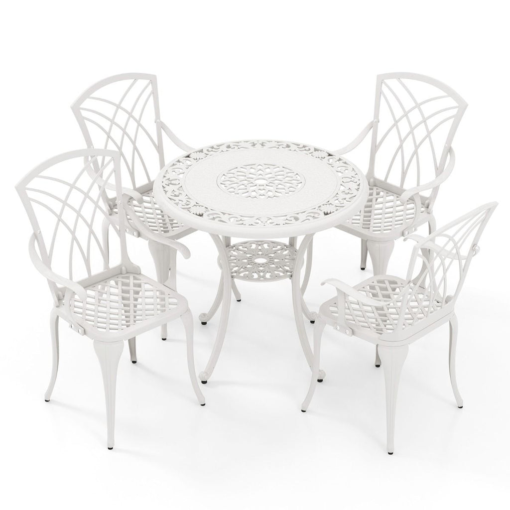 5 Pcs Salon de Jardin en Fonte d'Aluminium Trou pour Parasol Repose-pieds Réglables Ensemble de Table Ronde et 4 Chaises Blanc