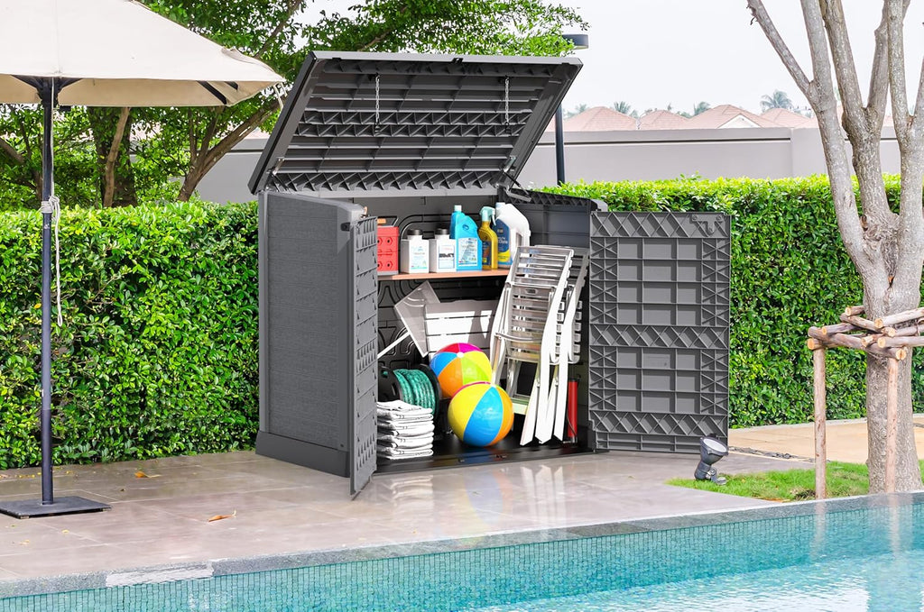 Duramax StoreAway 1200L Plastic Garden Shed/ Flat Lid, Outdoor Storage Shed, Wheelie Bin Hideaways, Wheelie bin box, Durable Construction, Ideal for Bikes, BBQs & 2x 240L Bins, 145x85x125 cm, Brown