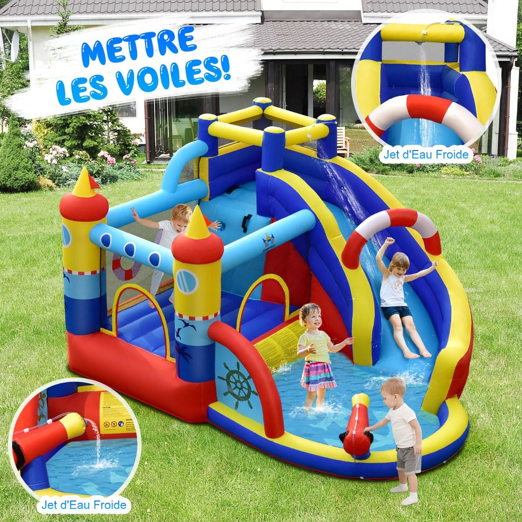 Château Gonflable Style Bateau avec Toboggan Incurvé Zone de Saut Mur d'Escalade avec Gonfleur 450 W