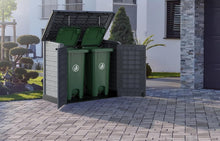 Load image into Gallery viewer, Duramax StoreAway 1200L Plastic Garden Shed/ Flat Lid, Outdoor Storage Shed, Wheelie Bin Hideaways, Wheelie bin box, Durable Construction, Ideal for Bikes, BBQs &amp; 2x 240L Bins, 145x85x125 cm, Brown