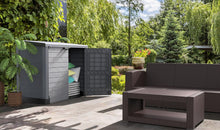 Load image into Gallery viewer, Duramax StoreAway 1200L Plastic Garden Shed/ Flat Lid, Outdoor Storage Shed, Wheelie Bin Hideaways, Wheelie bin box, Durable Construction, Ideal for Bikes, BBQs &amp; 2x 240L Bins, 145x85x125 cm, Brown