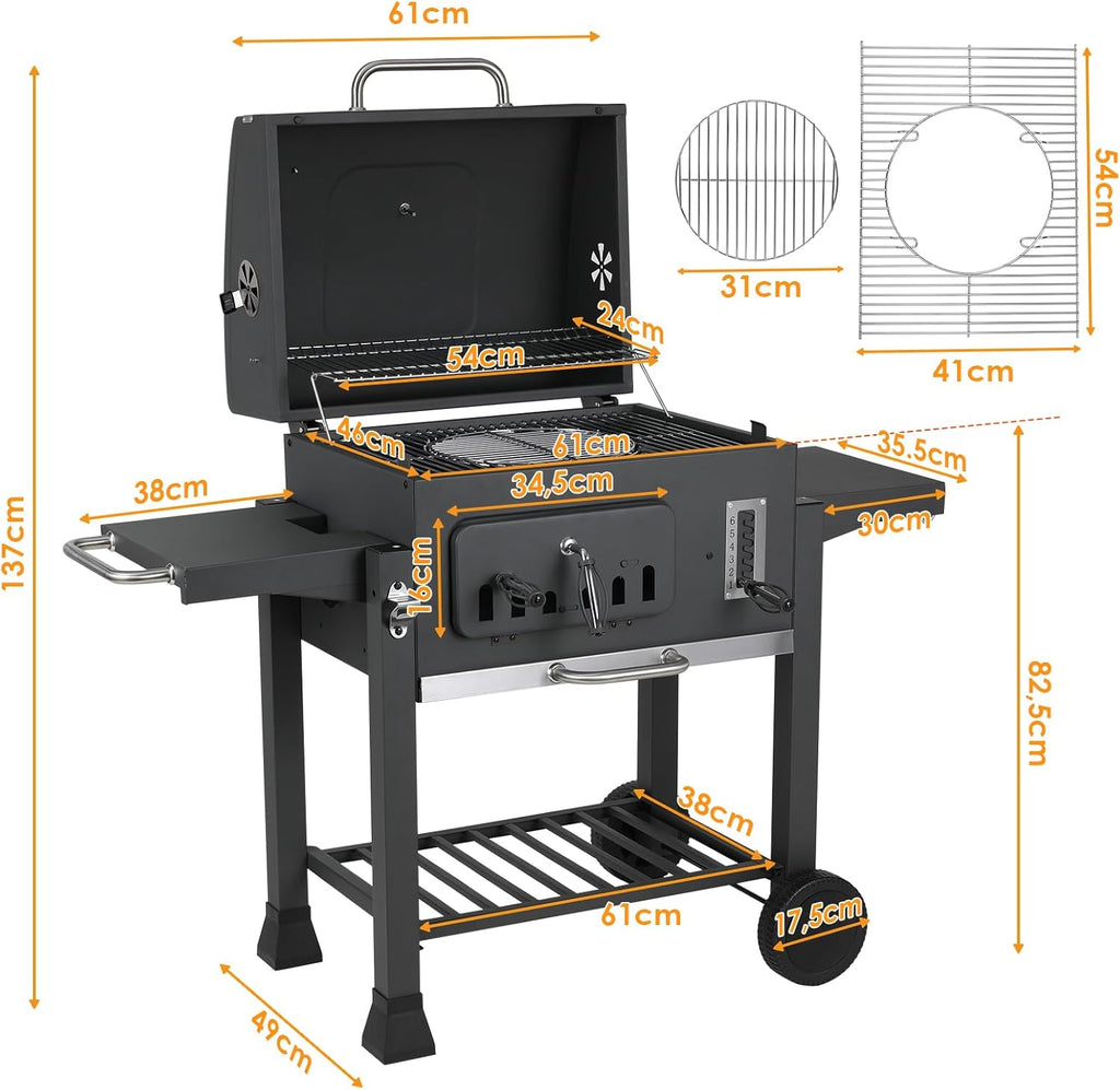 Barbecue Charbon de Bois XL, Chariot à Barbecue, Grill XL à Charbon avec Couvercle, Roues et Thermomètre, Réglable en Hauteur, Grand Barbecue au Charbon de Bois, pour Camping et Jardin, Noir