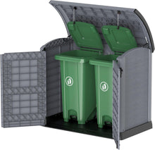 Load image into Gallery viewer, Duramax StoreAway 1200L Plastic Garden Shed/ Flat Lid, Outdoor Storage Shed, Wheelie Bin Hideaways, Wheelie bin box, Durable Construction, Ideal for Bikes, BBQs &amp; 2x 240L Bins, 145x85x125 cm, Brown