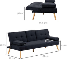 Load image into Gallery viewer, HOMCOM Canapé Convertible 3 Places Design scandinave Inclinaison Dossier réglable 3 Niveaux Dossier Centrale Rabattable 2 Porte-Verres Bois Massif Lin Gris