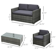 Load image into Gallery viewer, Ensemble de meubles de patio 4 pièces, canapé en osier de rotin, ensemble de luxe pour extérieur, ensemble de meubles de jardin avec coussins pour porche, jardin, balcon au bord de la piscine, gris