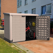 Load image into Gallery viewer, Duramax StoreAway 1200L Plastic Garden Shed/ Flat Lid, Outdoor Storage Shed, Wheelie Bin Hideaways, Wheelie bin box, Durable Construction, Ideal for Bikes, BBQs &amp; 2x 240L Bins, 145x85x125 cm, Brown